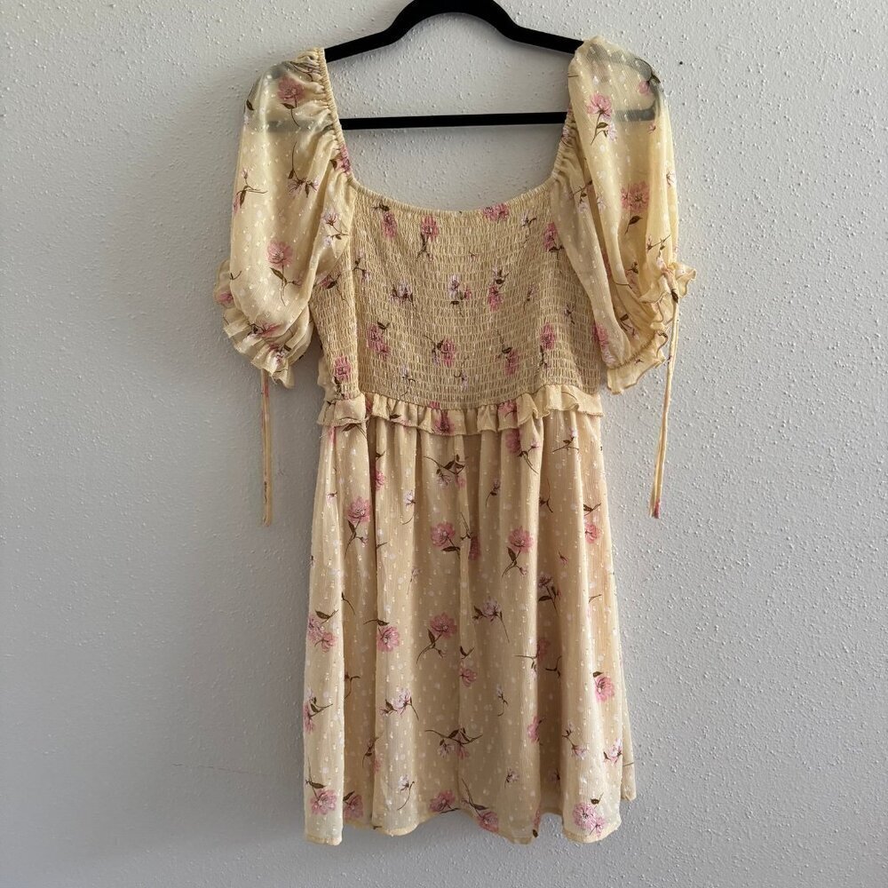 LUSH Yellow Floral Ruched Puff Sleeve Mini Dress M - Picture 5 of 5
